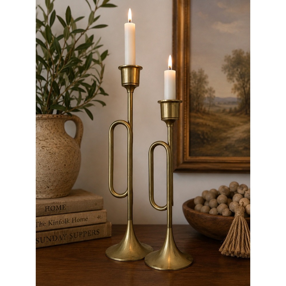 Vintage Brass Trumpet Taper Candle Holders Set of 2 Musical Instrument Decor